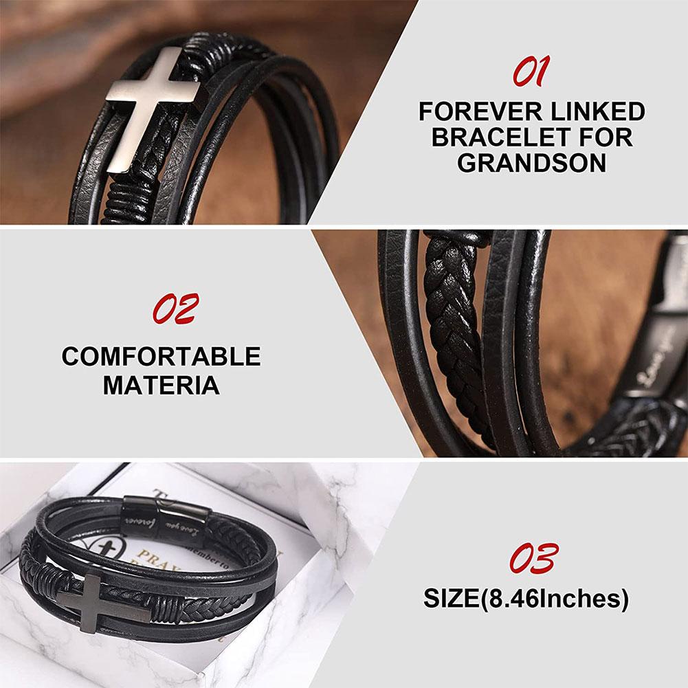 Vòng Tay Da Bện Nhiều Lớp Phối Mặt Thánh Giá Bằng Thép Không Gỉ C7K6