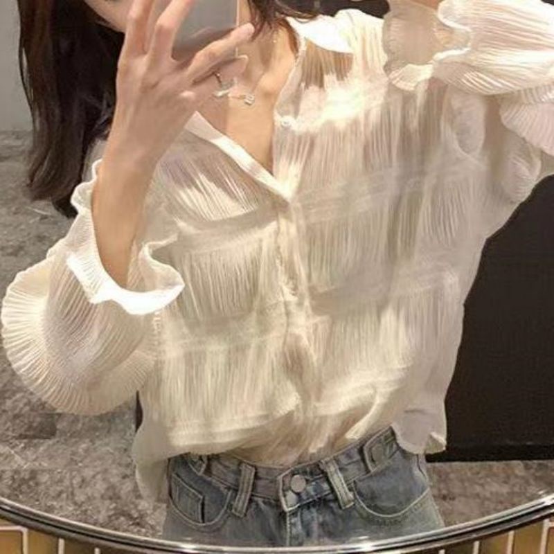 IELGY Áo Sơ Mi Tay Dài Dáng Rộng Phong Cách Hàn Quốc Dễ Phối Đồ Thời Trang Cho Nữ