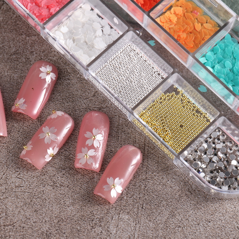 Hộp 12 Ngăn Đựng Hạt Kim Sa Hình Hoa Anh Đào Nhiều Màu Sắc Trang Trí Móng Tay Nghệ Thuật Mùa Hè