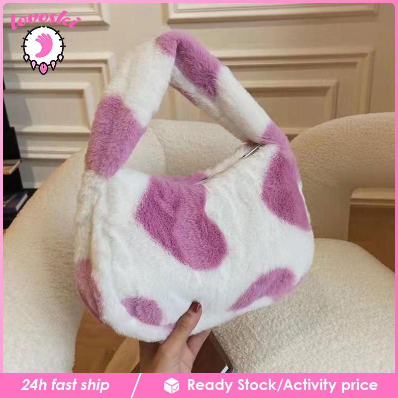 Túi Tote Đeo Vai / Xách Tay Phủ Lông Họa Tiết Trái Tim Có Khóa Kéo Sành Điệu