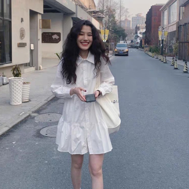 IELGY Đầm Sơ Mi Chữ a Tay Dài Màu Trắng Phong Cách Pháp
