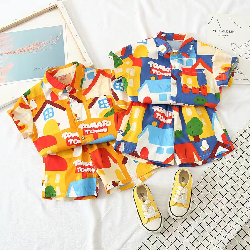 Áo Sơ Mi Cổ Bẻ In Họa Tiết Hoạt Hình Thời Trang Mùa Hè Cho Bé Trai Áo + quần