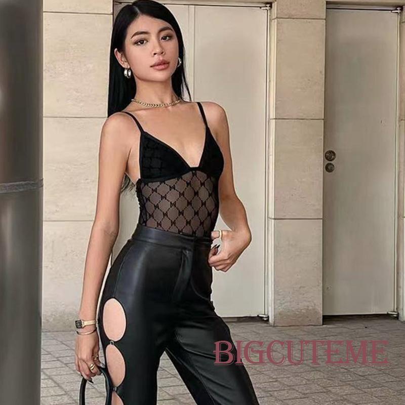 Bộ Áo Liền Quần Cổ Chữ V Không Tay Phối Lưới Kẻ Sọc Màu Đen Thời Trang Mùa Hè Cho Nữ