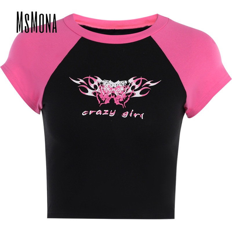 Áo Thun Tay Ngắn Cổ Tròn In Họa Tiết Hoạt Hình Màu Tương Phản Thời Trang 2023 Cho Nữ