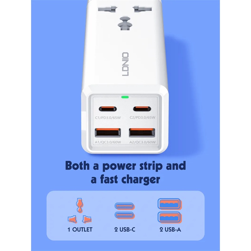 Ổ Cắm Điện LDNIO sc1418 - Bộ Sạc Điện Để Bàn 2 Mét 2500W Bộ Sạc 65W USB-C