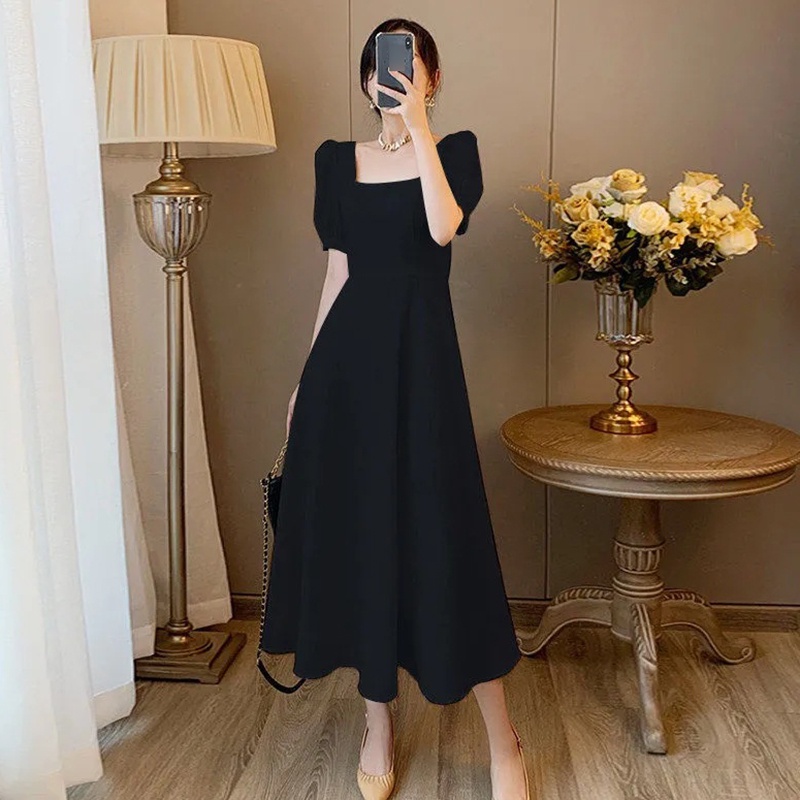 IELGY   Đầm Cổ Vuông Tay Phồng Màu Trắng Phong Cách Pháp Thời Trang Cho Nữ