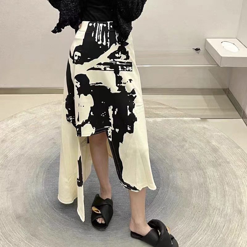 roderic won summer new asymmetric black and white printed knitted stretch skirt high waist irregular skirt Women's