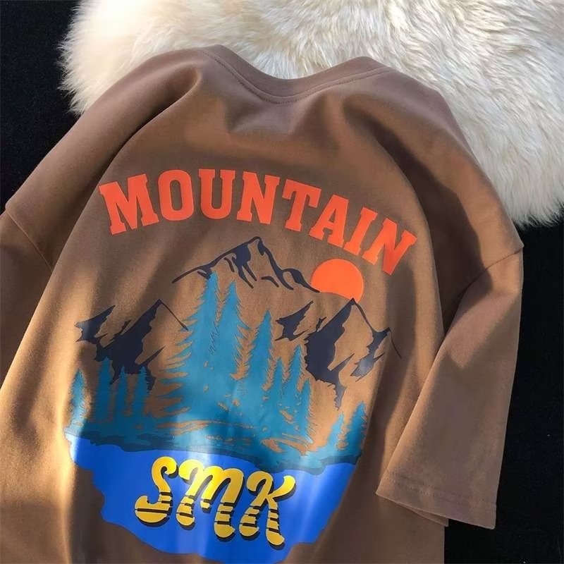 Áo Thun Cotton Tay Ngắn Dáng Rộng In Hình Núi Tuyết / Gấu Nâu Kiểu Retro Mỹ Chất Lượng Cao Cho Nam