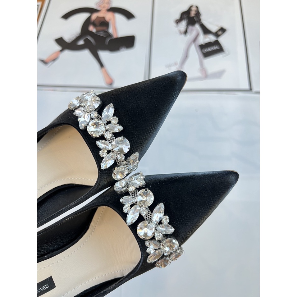 Giày cao gót lụa mịn dây đá ngang gót đũa nhỏ 9p HH78