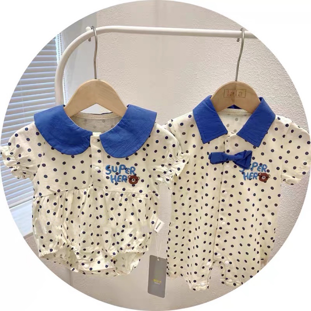 Áo Liền Quần Bằng Cotton Trơn Họa Tiết Chấm Bi Phong Cách Hàn Quốc Cho Bé Trai Gái 0-24 Tháng Tuổi