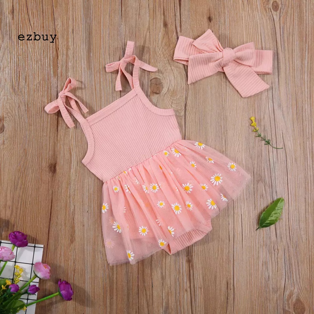 [EY] Bộ Áo Liền Quần Màu Trơn Thắt Nơ In Hoa Phối Lưới Kèm Băng Đô Cài Tóc Cho Bé Gái