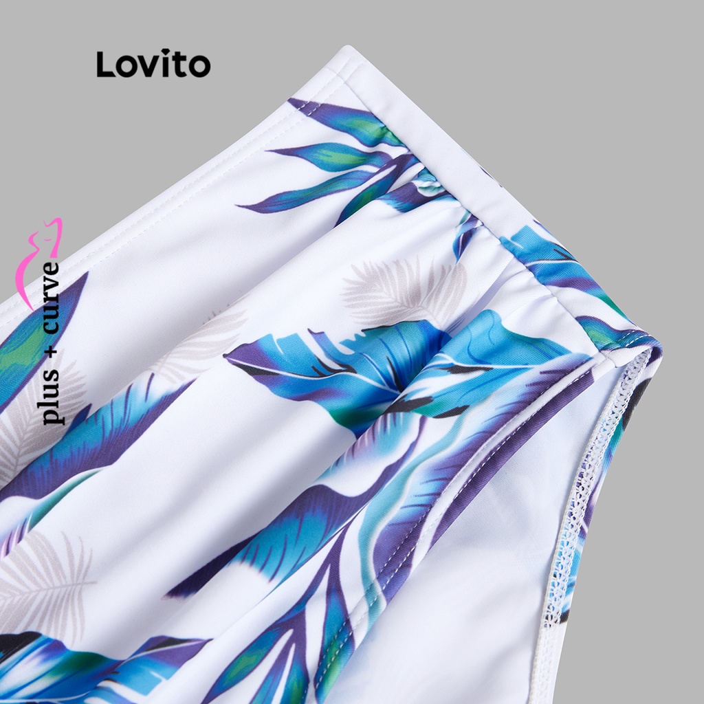Bộ đồ bơi bikini Lovito có đệm ngực cổ yếm xếp nếp boho tôn đường cong size lớn cho nữ LPS07068 (Màu trắng)