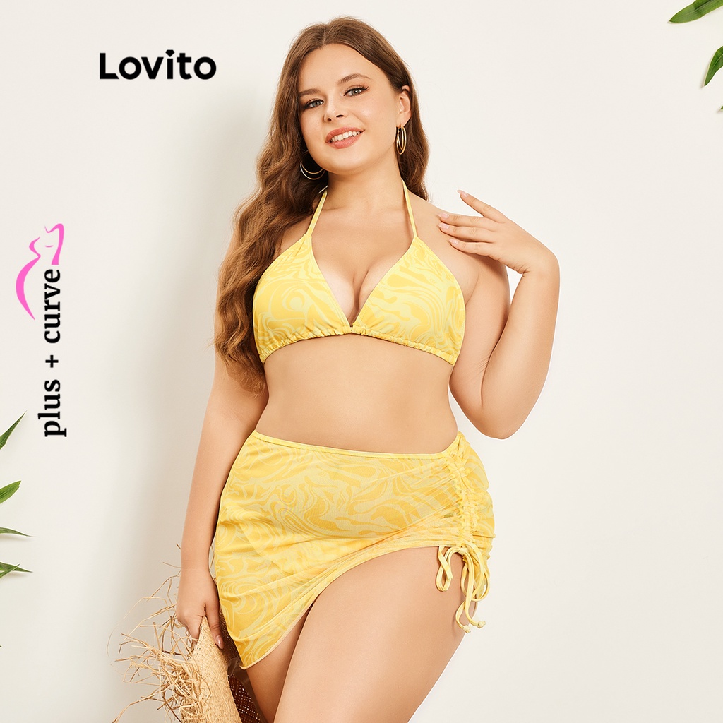 Bộ đồ bơi bikini Lovito phối lưới dây mảnh nhiệt đới thường ngày tôn đường cong size lớn cho nữ LPS07075 (Màu vàng)