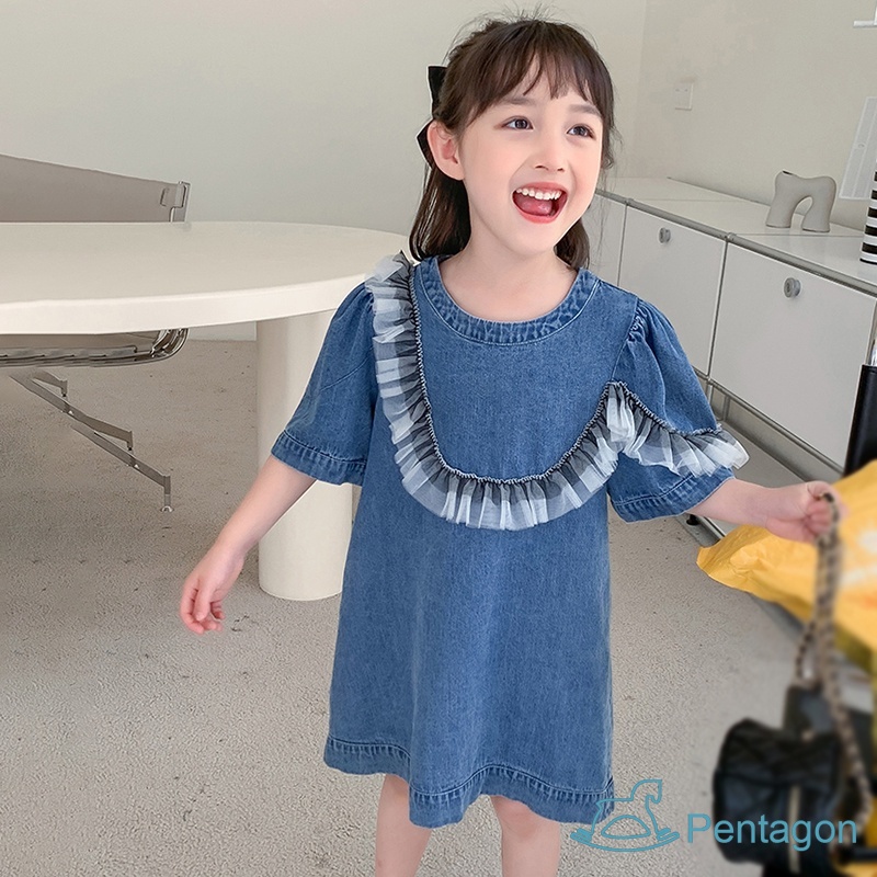 Đầm Denim Cổ Tròn Tay Phồng Màu Trơn Thời Trang Hàn Quốc Xinh Xắn Cho Bé Gái