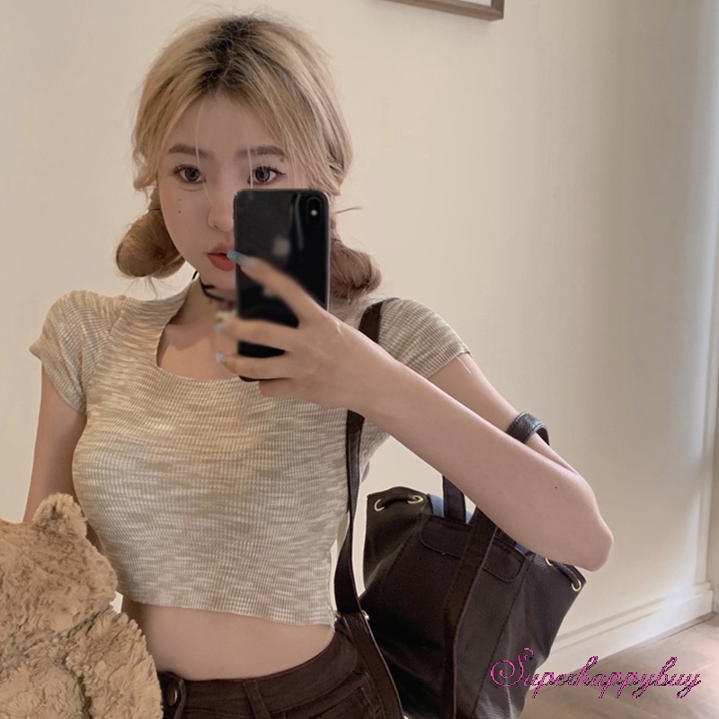 Áo Thun Tay Ngắn Cổ Vuông Dáng Ôm Thời Trang Mùa Hè Xinh Xắn Cho Nữ