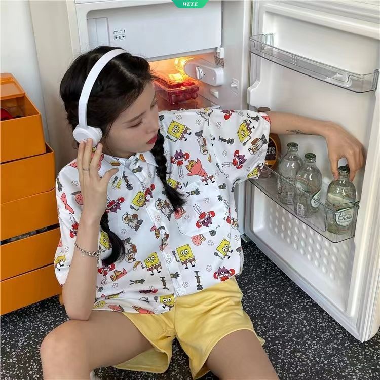 Áo Sơ Mi Ngắn Tay Dáng Rộng In Hình Spongebob Phong Cách Retro Nhật Bản Thời Trang Mùa Hè 2023 Dành Cho Nữ Sinh