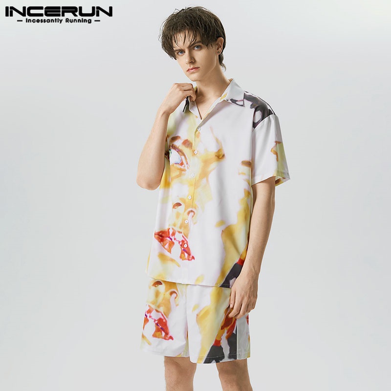 INCERUN Bộ Áo Sơ Mi Ngắn Tay In Họa Tiết + Quần short Cá Tính Trẻ Trung