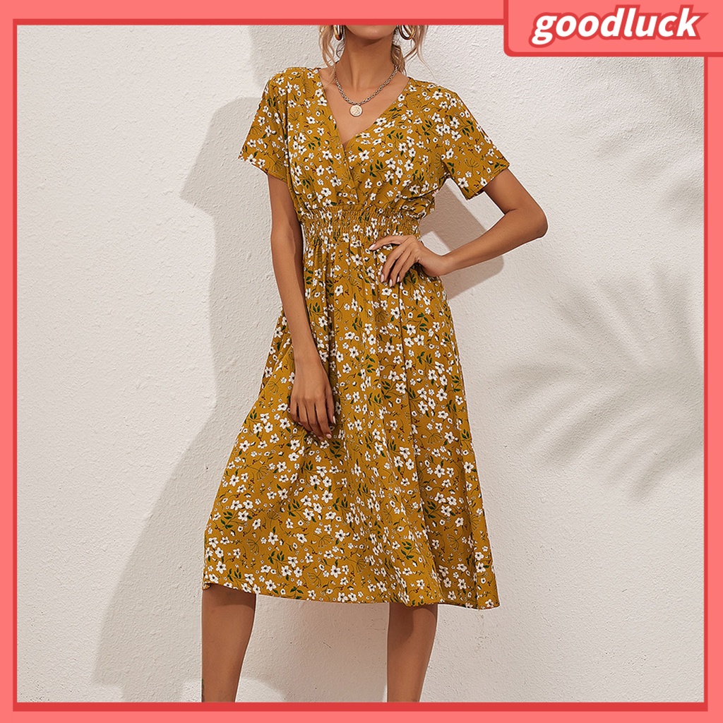[ULK] Đầm Midi Tay Ngắn Cổ Chữ V Eo Co Giãn In Hoa Ngọt Ngào Mùa Hè Cho Nữ