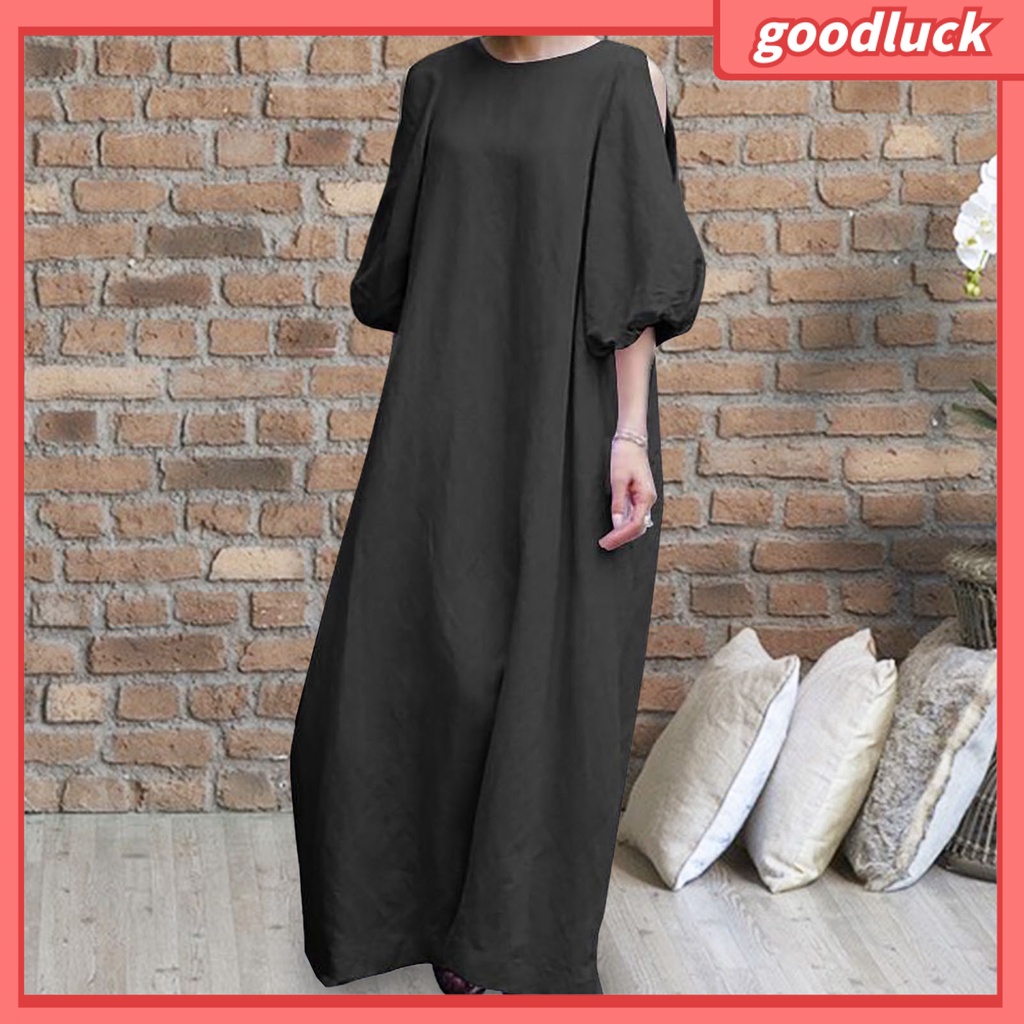 [GUC] Đầm Dài Đến Mắt Cá Chân Dáng Rộng Cổ Tròn Tay Lồng Đèn Màu Trơn Khoét Rỗng Mặc Hàng Ngày Cho Nữ