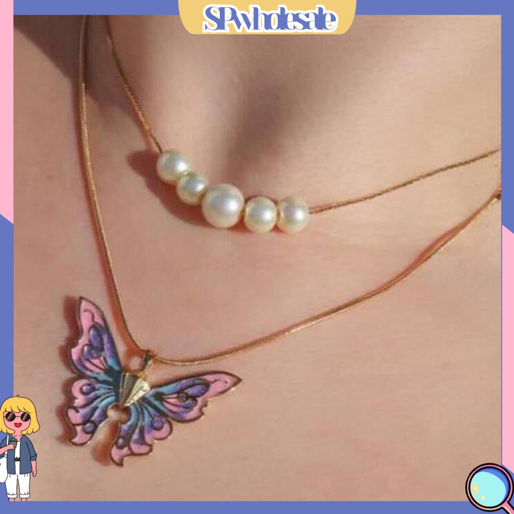 &lt;SPwholesale&gt; Vòng cổ Nhiều Lớp Ngọc Trai Giả Mặt Bướm Nhỏ Giọt Thời Trang Nữ