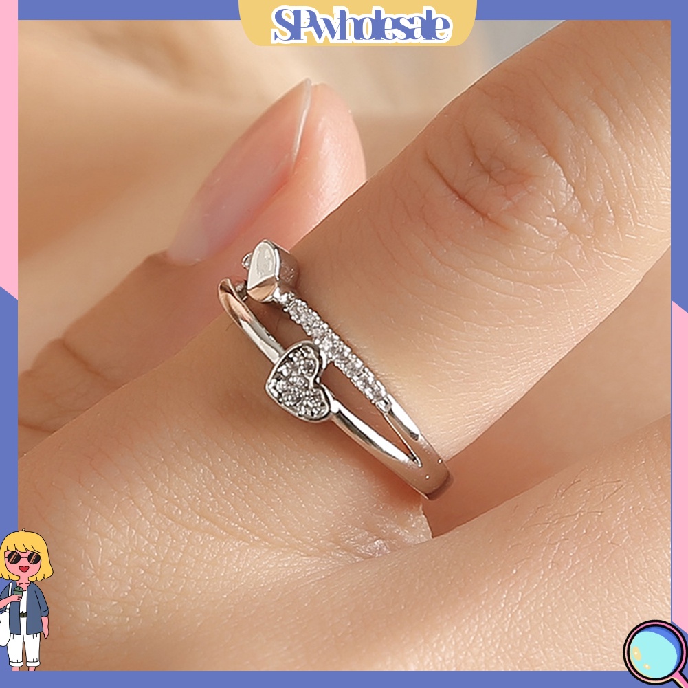 &lt;SPwholesale&gt; Nhẫn Hở Đính Đá Hình Trái Tim Đôi Thời Trang Cho Nữ