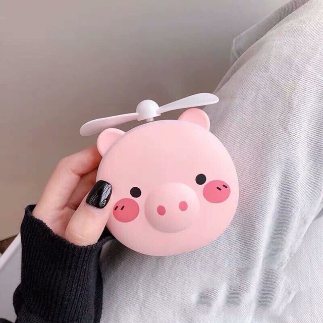 Quạt cầm tay tích điện 3 Trong 1 mini Hình Heo siêu đẹp kèm gương và đèn led siêu hot phong cách hàn quốc