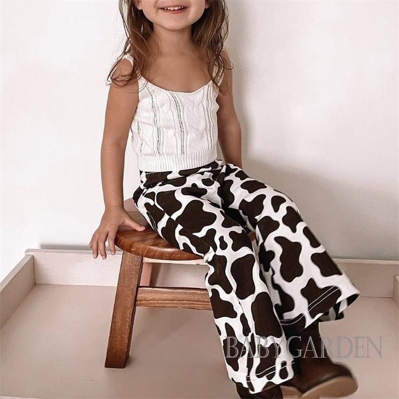 Set Đồ Mùa Hè 2 Món Gồm Áo Tank Top + Quần Ống Loe Co Giãn In Họa Tiết Bò Sữa Cho Bé Gái 2-7 Tuổi