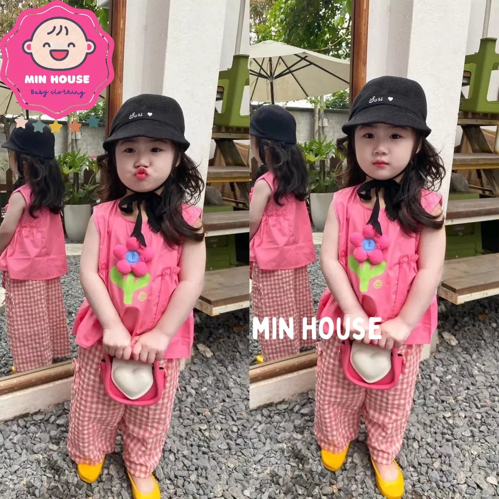 (8-20kg) Set áo thô đính hoa nổi phối quần caro KÈM NÓN cho bé gái diện hè, đi học, đi chơi