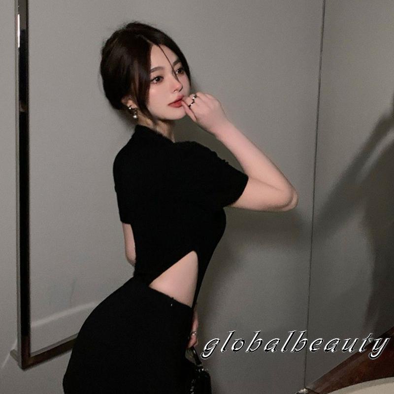 Áo Liền Quần Ngắn Tay Cổ Đứng Khoét Lỗ Cắt Eo Phối Nút Thời Trang Cho Nữ