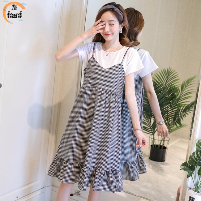 [IS] Đầm Bầu Giả Hai Lớp Bằng Vải Cotton Thoải Mái Thoáng Khí Tay Ngắn Cổ Tròn In Caro Dành Cho Phụ Nữ