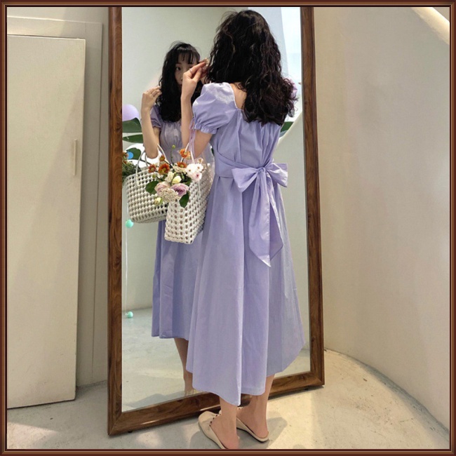 Đầm Dài Cổ Vuông Tay Phồng Thắt Nơ Eo Màu Trơn Thời Trang Dành Cho Nữ