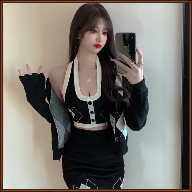 Bộ Áo Khoác Cardigan Dệt Kim + Chân Váy / Áo Hai Dây Họa Tiết Hình Học Phong Cách Retro Thời Trang Cho Nữ