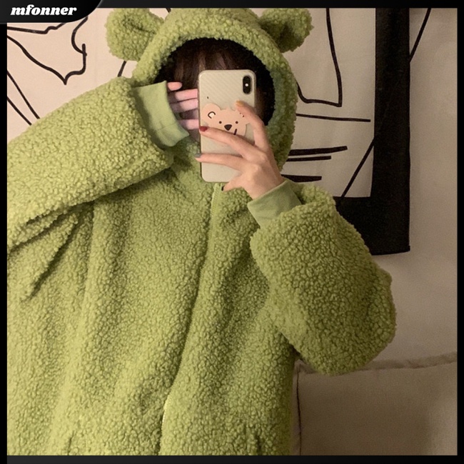 Áo Khoác Dài Tay Giữ Ấm Có Khóa Kéo Thiết Kế Tai Thỏ Dễ Thương Cho Nữ