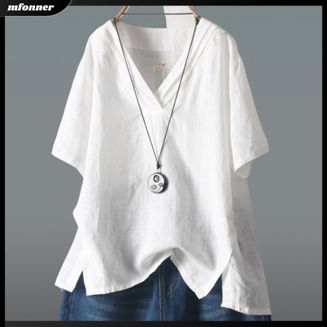 Áo Sơ Mi Cotton Lanh Tay Ngắn Dáng Rộng Cổ Chữ V Nhiều Màu Sắc Thời Trang Mùa Hè Cho Nữ