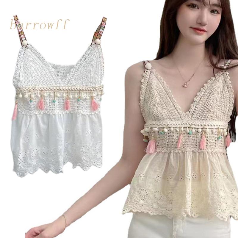 Áo Dệt Kim Peplum Hai Dây Cổ Chữ V Phối Tua Rua Thêu Họa Tiết Phong Cách Boho Thời Trang Mùa Hè Cho Nữ