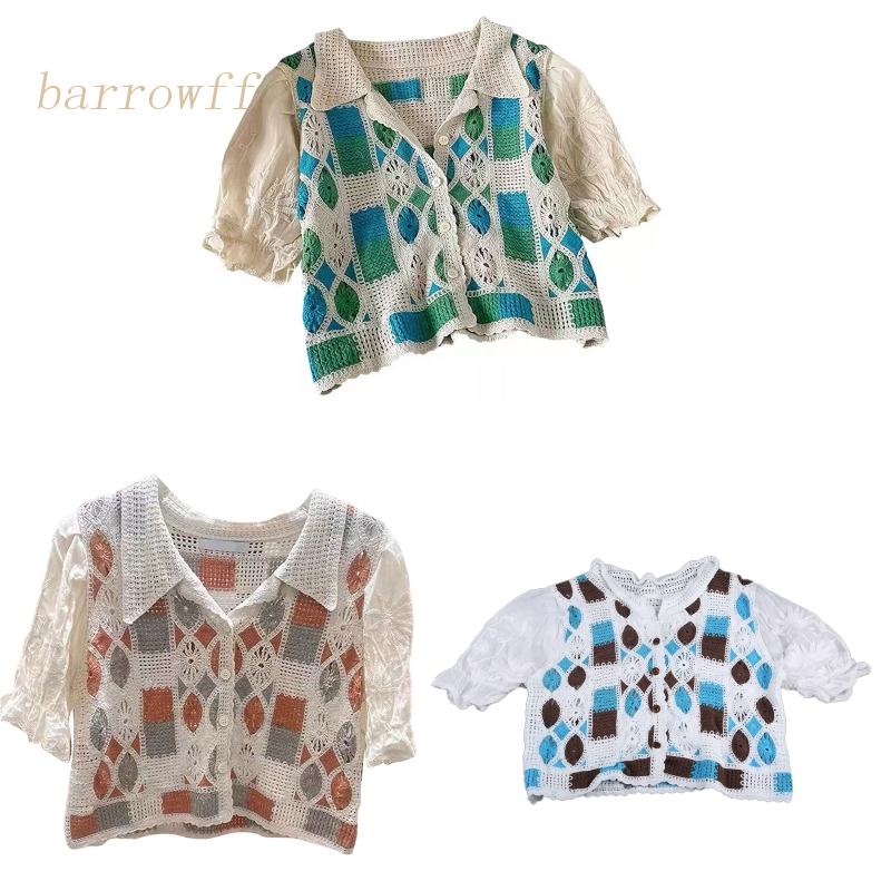 Áo Cardigan Dệt Kim Tay Ngắn Dáng Rộng Thêu Họa Tiết Hoa Đục Lỗ Thời Trang Cho Nữ