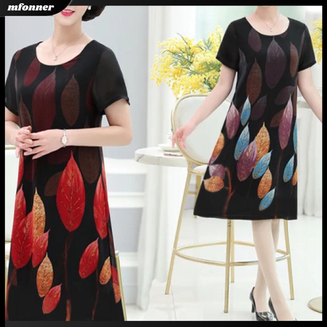 Đầm Midi Tay Ngắn Cổ Tròn Dáng Chữ A Vải Lụa Lạnh In Hoa Thời Trang Cho Bạn Gái