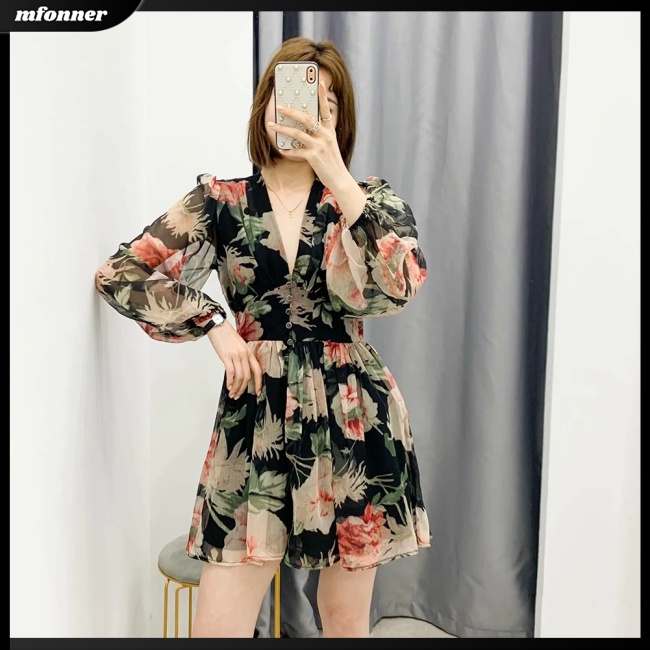 Áo liền quần Tay Phồng Dài Cổ Chữ V in Họa Tiết Hoa Nhí Xinh Xắn Thời Trang Cho Nữ