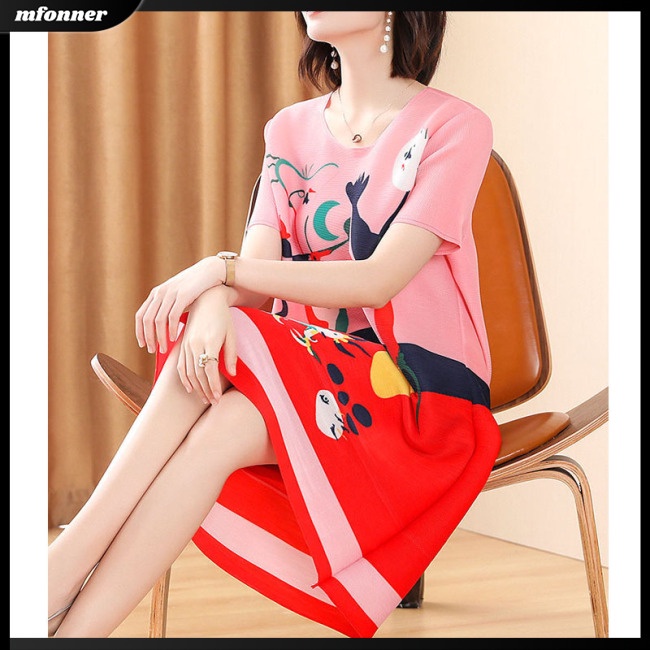 Đầm Midi Ngắn Tay Cổ Tròn Dáng Rộng In Màu Khối Thời Trang Cho Nữ