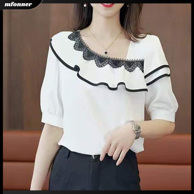 Áo Kiểu Tay Phồng Ngắn Cổ Tròn Phối Ren Ngọt Ngào Cho Nữ