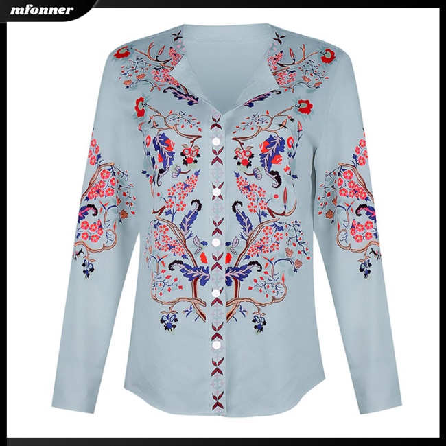 Áo Sơ Mi Tay Dài Cổ Đứng Dáng Rộng In Họa Tiết Dân Tộc Độc Đáo Thời Trang Cho Nữ