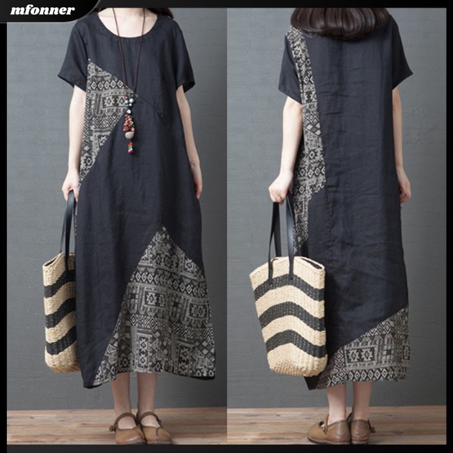 Đầm Cotton Lanh Cổ Tròn Tay Ngắn In Họa Tiết Thời Trang Cho Nữ