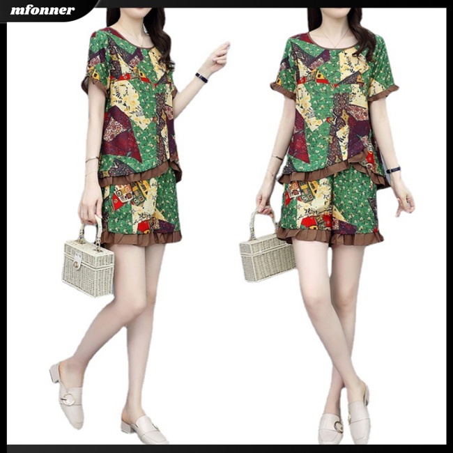 Bộ Trang Phục 2 Mảnh Áo Tay Ngắn Cổ Tròn Phối Bèo Phối Quần Short Ống Rộng Thời Trang Cho Nữ