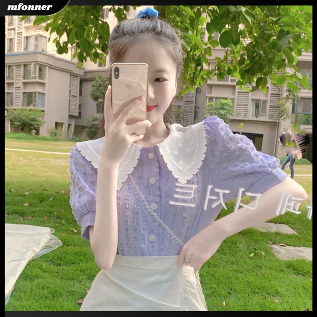 Áo Sơ Mi Cotton Tay Phồng Ngắn Cổ Búp Bê Phong Cách Retro Pháp Cho Nữ