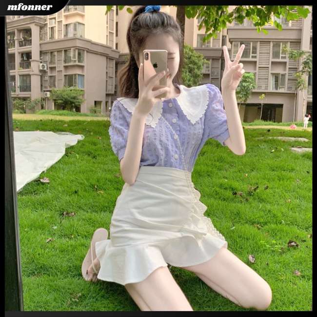 Áo Sơ Mi Cotton Tay Phồng Ngắn Cổ Búp Bê Phong Cách Retro Pháp Cho Nữ