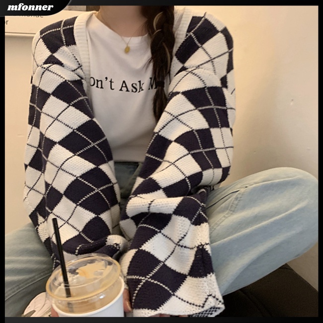 Áo Khoác Cardigan Dệt Kim Tay Dài Dáng Ngắn Ôm Hở Vai Họa Tiết Hình Thoi Thời Trang Cho Nữ
