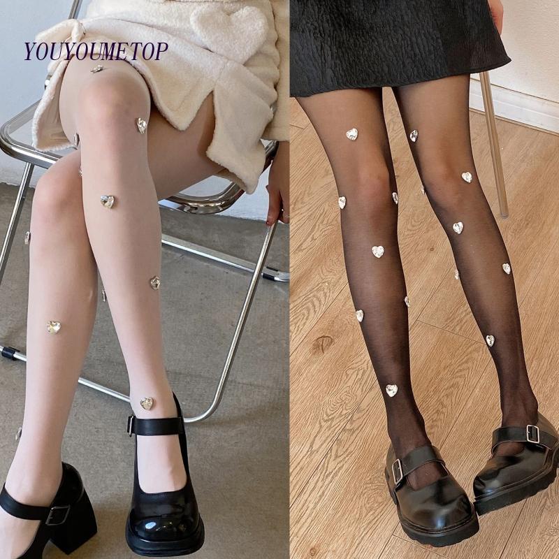 Youyo Quần Tất Siêu Mỏng Xuyên Thấu Thủ Công Đính Đá Hình Trái Tim Lấp Lánh Cho Nữ