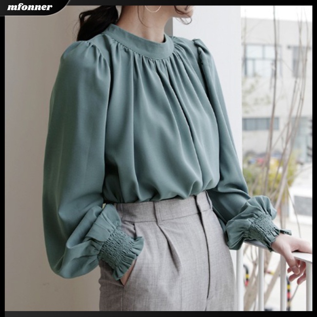 Áo Sơ Mi Voan Cổ Đứng Dài Tay Màu Trơn Phong Cách Retro Thời Trang Dành Cho Nữ