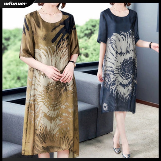 Đầm Midi Tay Ngắn Cổ Tròn Bằng Lụa Lạnh In Họa Tiết Plus Size Cho Nữ