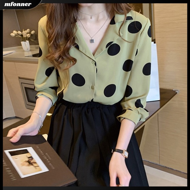 Áo Sơ Mi Chiffon Dài Tay Họa Tiết Chấm Bi Phong Cách Retro